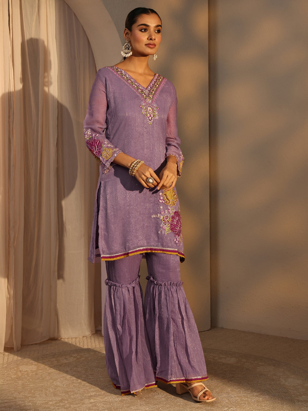 Lavender Woven Design Chiffon Straight Suits Set With Dupatta