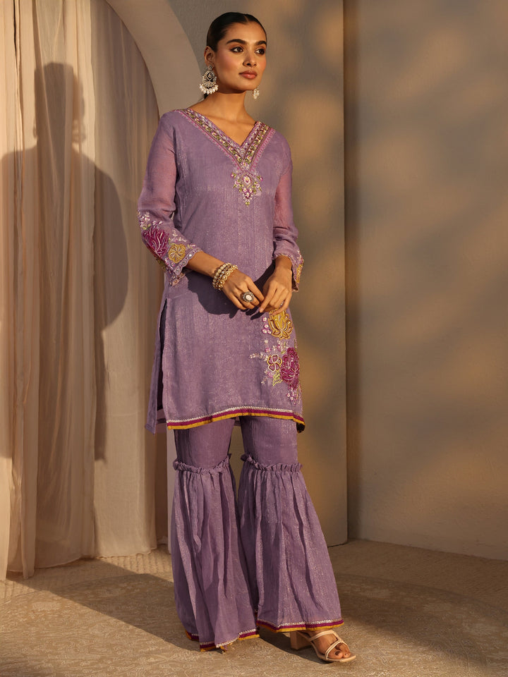Lavender Woven Design Chiffon Straight Suits Set With Dupatta