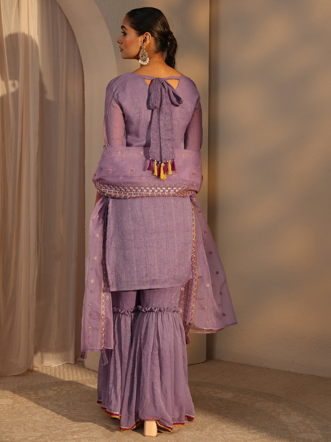 Lavender Woven Design Chiffon Straight Suits Set With Dupatta
