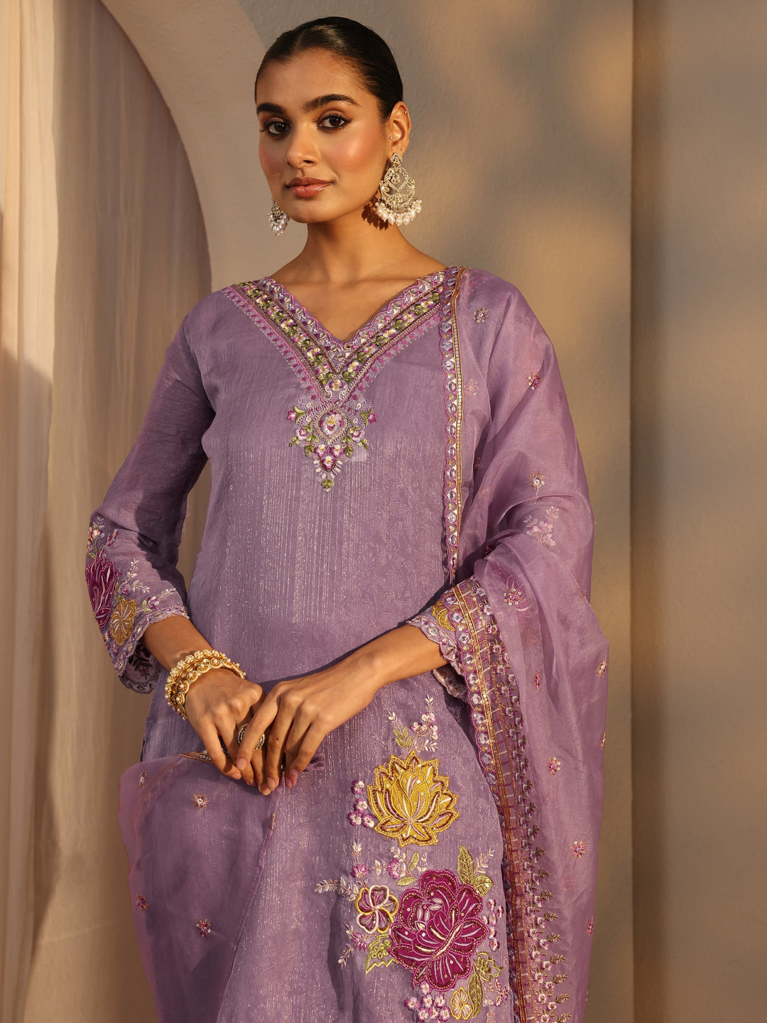 Lavender Woven Design Chiffon Straight Suits Set With Dupatta