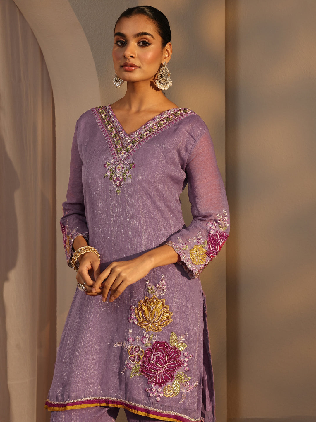 Lavender Woven Design Chiffon Straight Suits Set With Dupatta