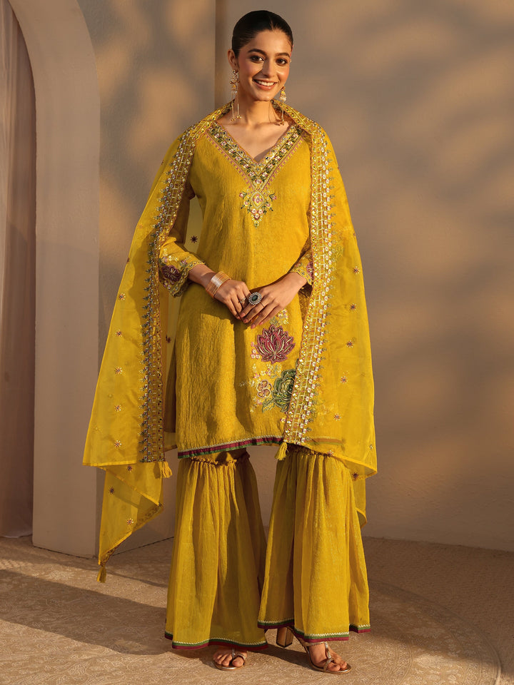 Mustard Woven Design Chiffon Straight Suits Set With Dupatta