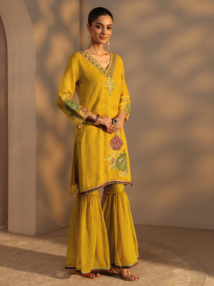 Mustard Woven Design Chiffon Straight Suits Set With Dupatta