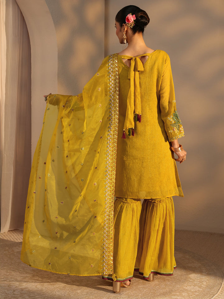Mustard Woven Design Chiffon Straight Suits Set With Dupatta