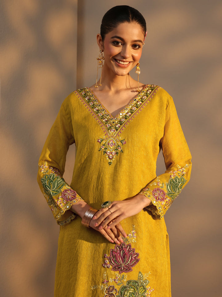 Mustard Woven Design Chiffon Straight Suits Set With Dupatta