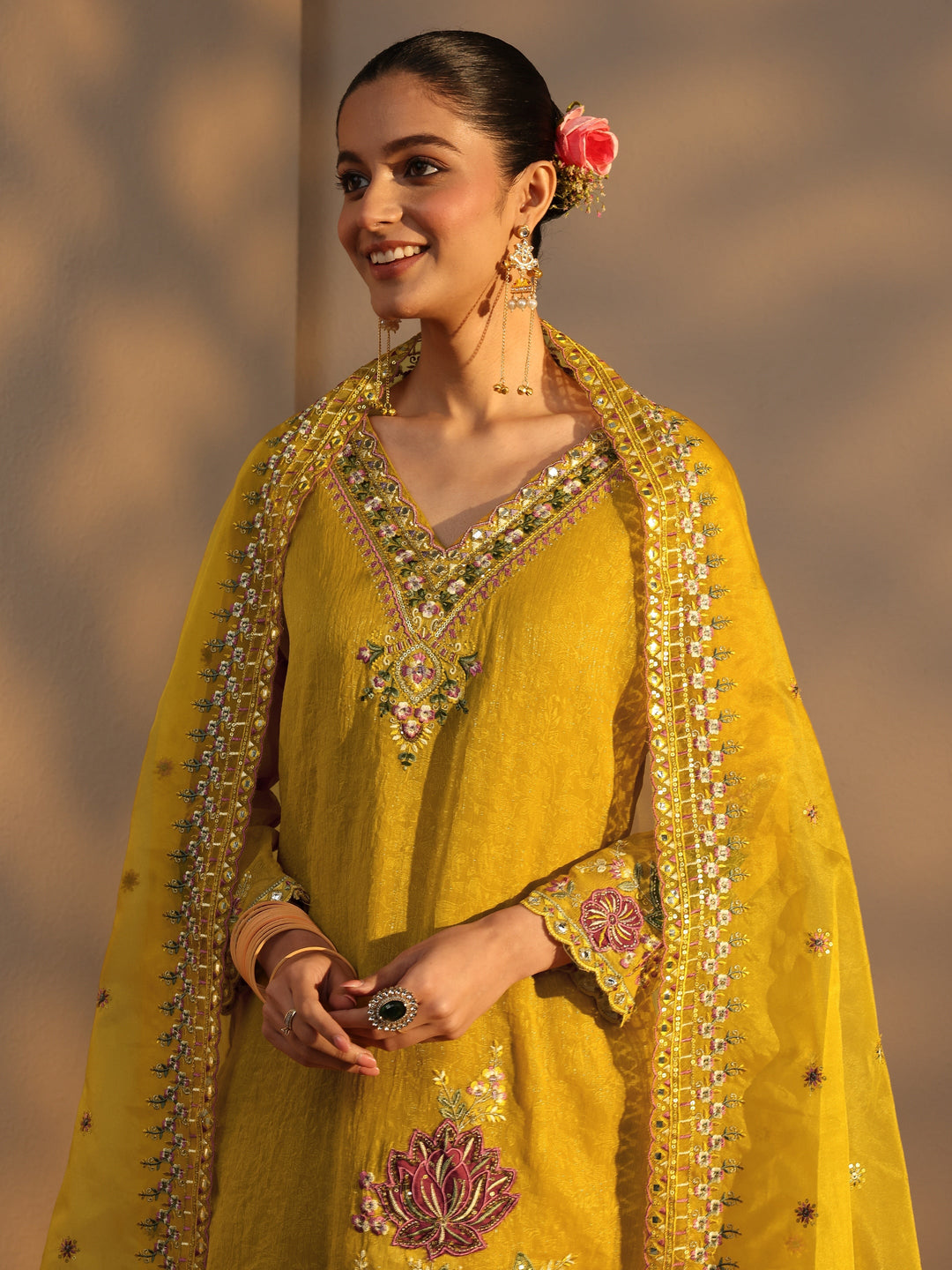 Mustard Woven Design Chiffon Straight Suits Set With Dupatta