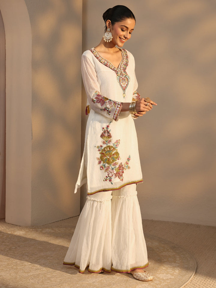 Off White Woven Design Chiffon Straight Suits Set With Dupatta