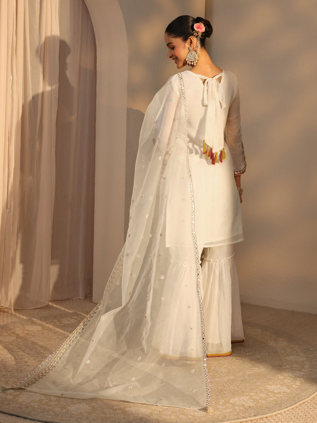 Off White Woven Design Chiffon Straight Suits Set With Dupatta