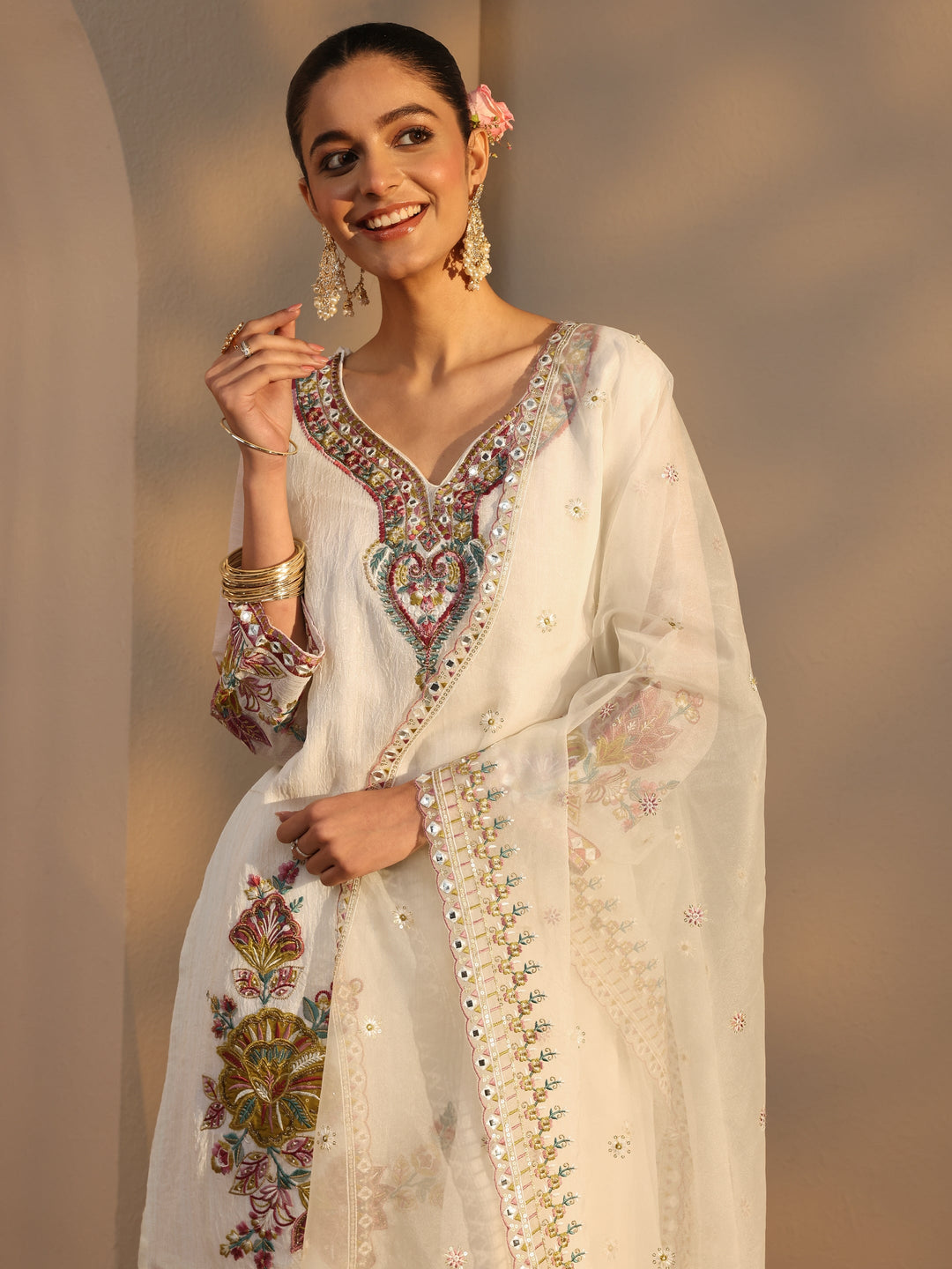 Off White Woven Design Chiffon Straight Suits Set With Dupatta