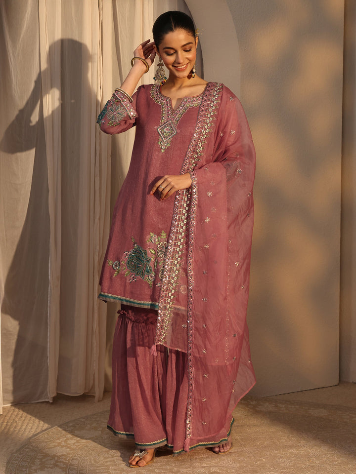 Peach Woven Design Chiffon Straight Suits Set With Dupatta