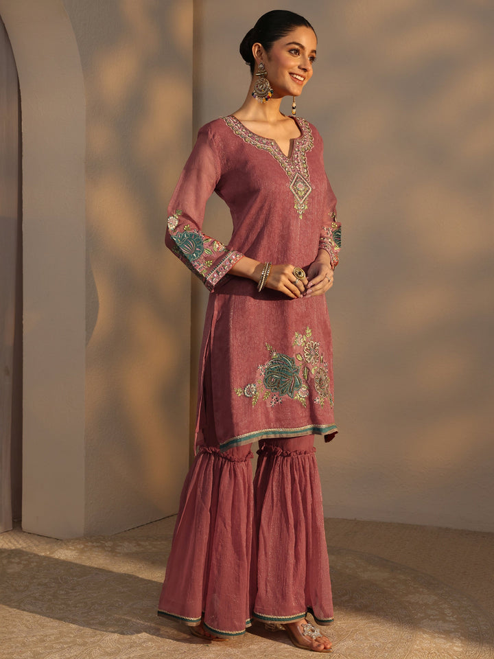 Peach Woven Design Chiffon Straight Suits Set With Dupatta