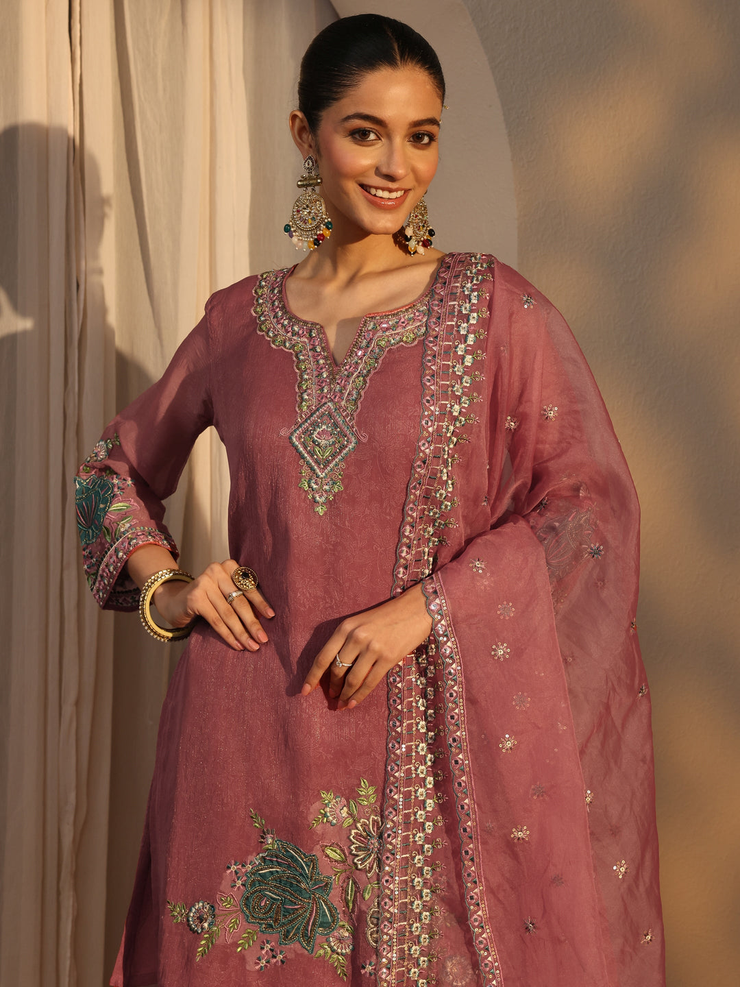 Peach Woven Design Chiffon Straight Suits Set With Dupatta