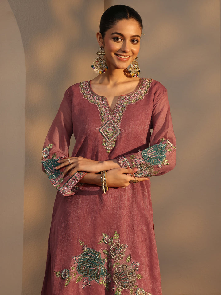 Peach Woven Design Chiffon Straight Suits Set With Dupatta