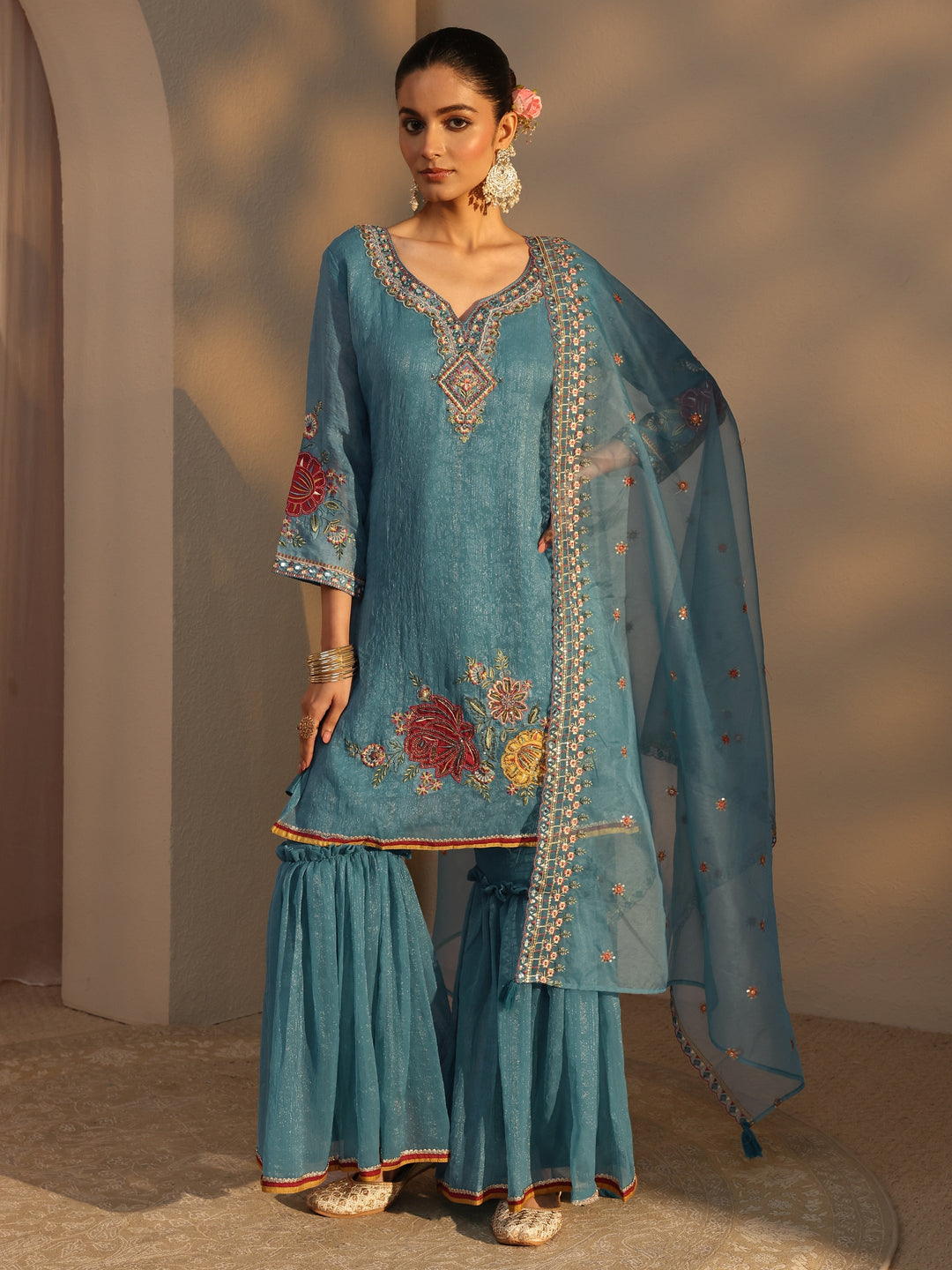 Blue Woven Design Chiffon Straight Suits Set With Dupatta