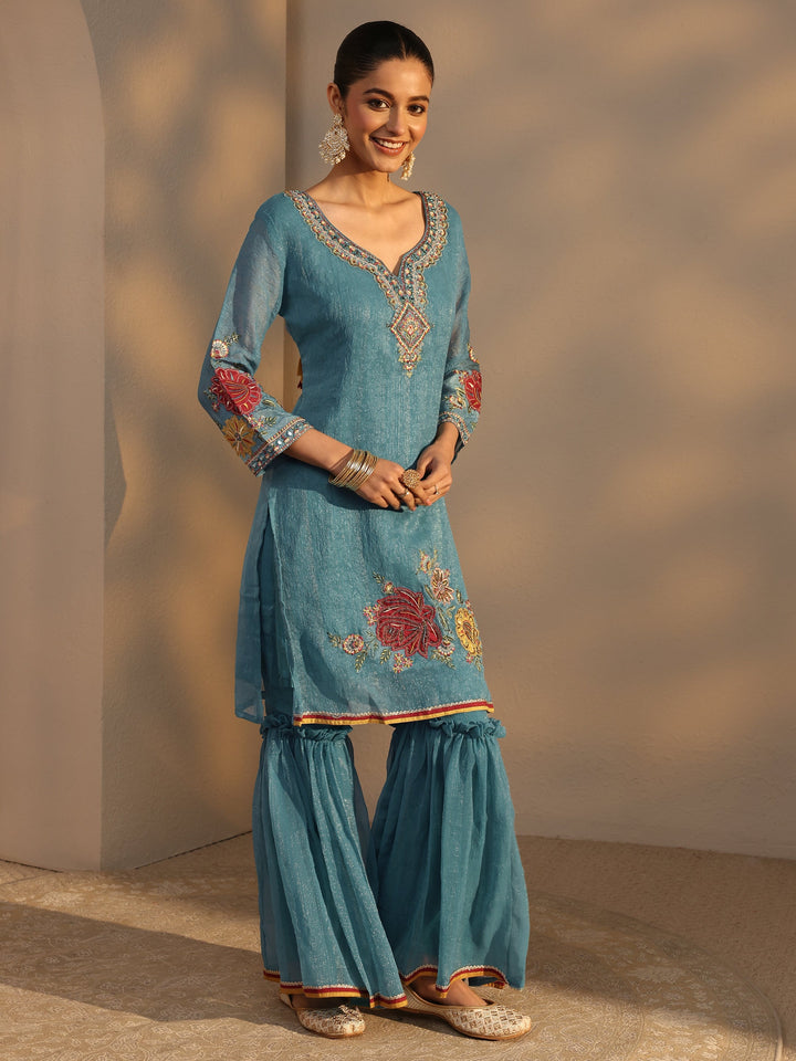 Blue Woven Design Chiffon Straight Suits Set With Dupatta