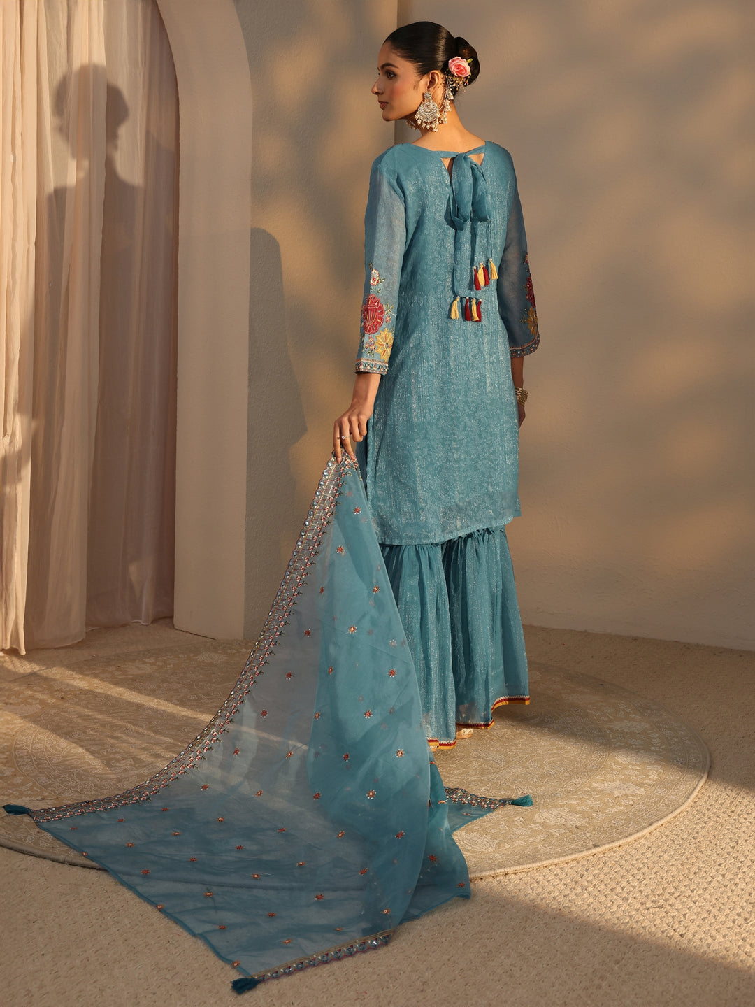 Blue Woven Design Chiffon Straight Suits Set With Dupatta