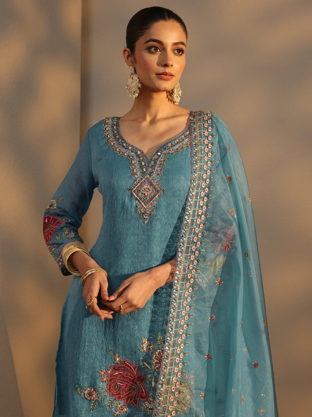 Blue Woven Design Chiffon Straight Suits Set With Dupatta