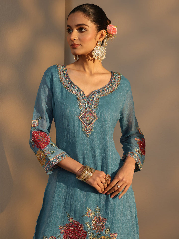 Blue Woven Design Chiffon Straight Suits Set With Dupatta