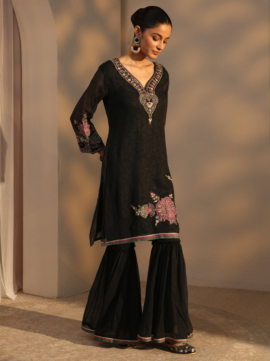 Black Woven Design Chiffon Straight Suits Set With Dupatta