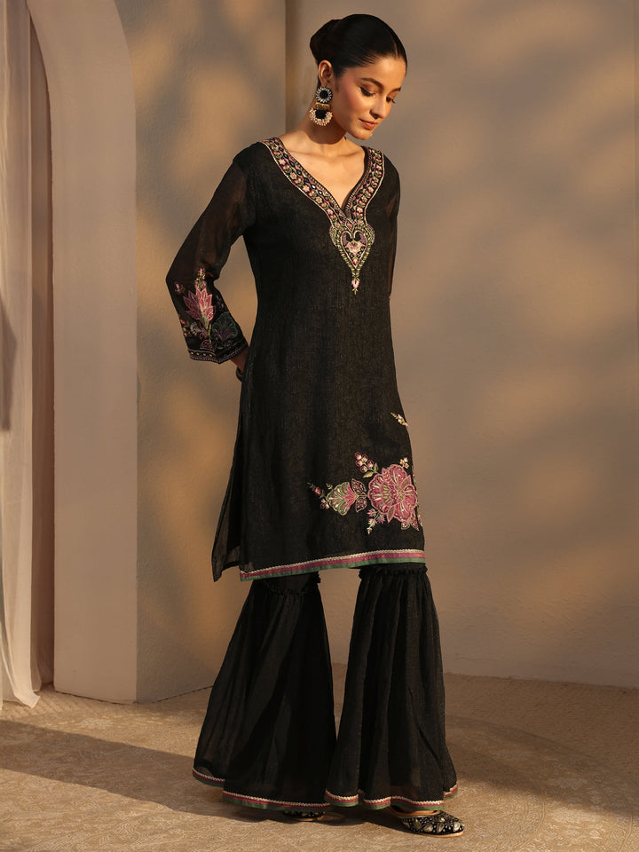 Black Woven Design Chiffon Straight Suits Set With Dupatta
