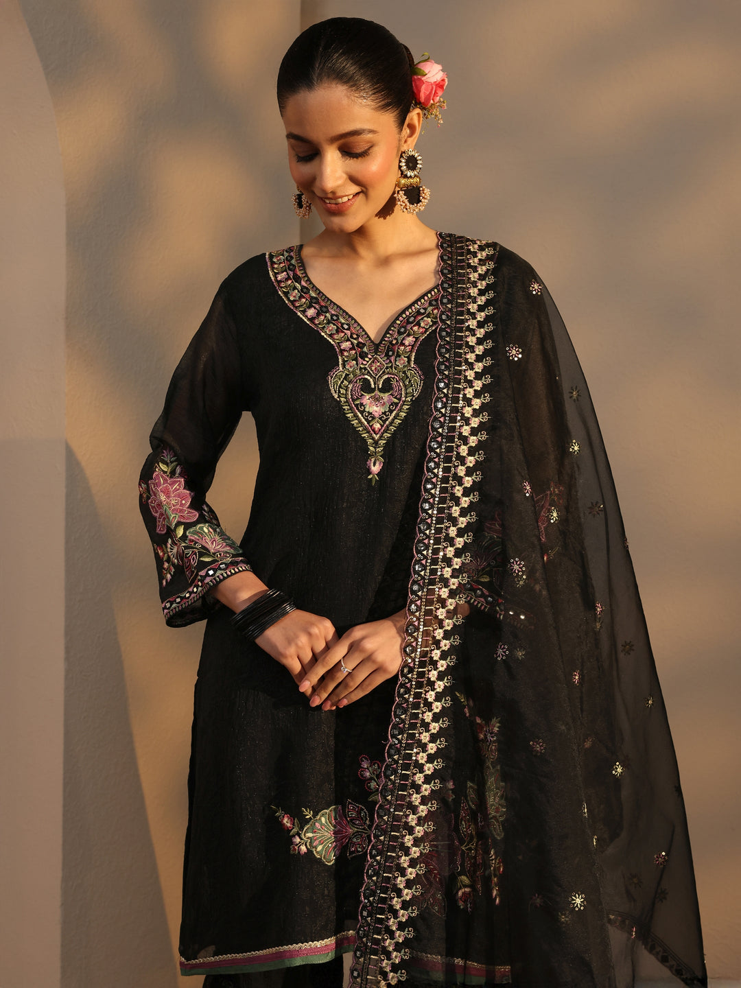 Black Woven Design Chiffon Straight Suits Set With Dupatta