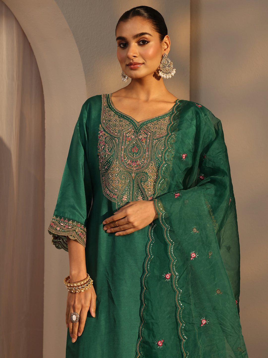 Green Ethnic Embroidered Silk Blend Straight Suits Set With Dupatta
