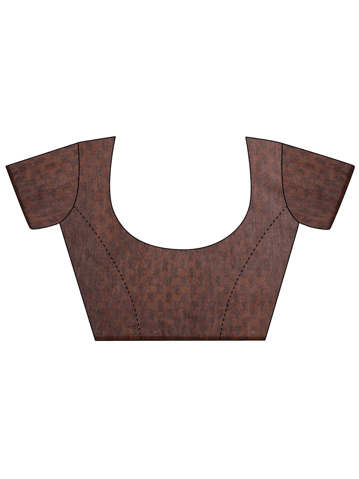 Brown Printed Silk Blend Saree With Unstitched Blouse Piece