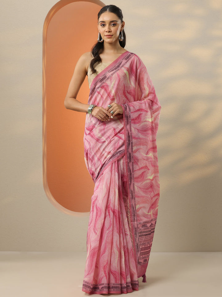 Pink Printed Silk Blend Saree With Unstitched Blouse Piece