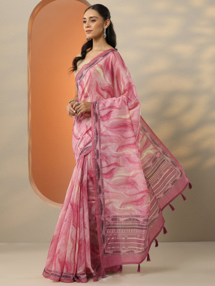 Pink Printed Silk Blend Saree With Unstitched Blouse Piece