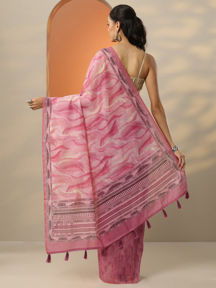 Pink Printed Silk Blend Saree With Unstitched Blouse Piece