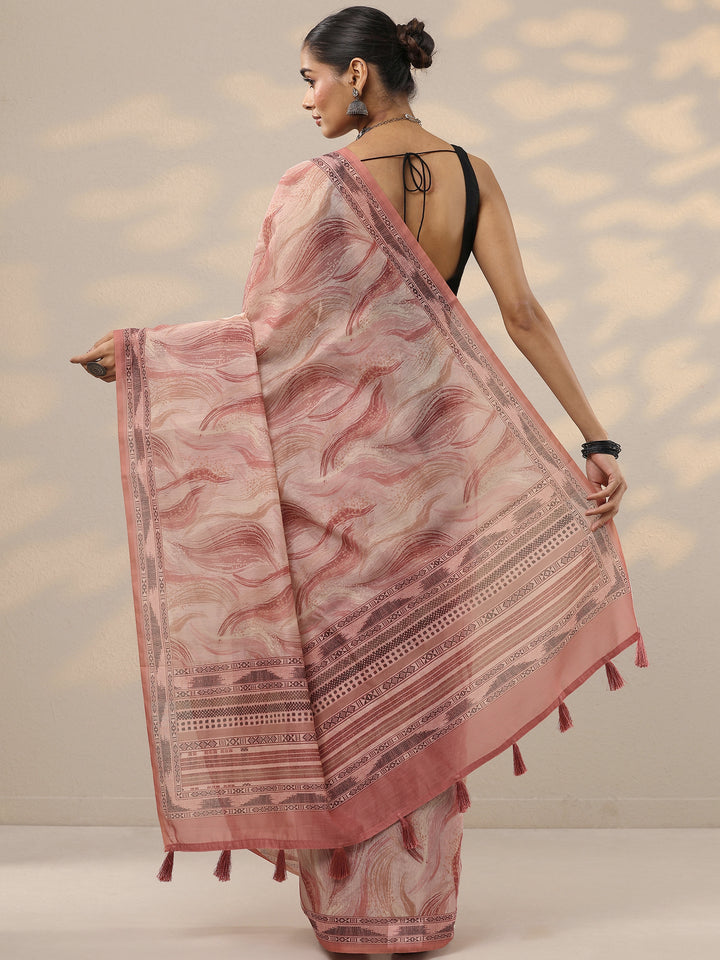 Peach Printed Silk Blend Saree With Unstitched Blouse Piece