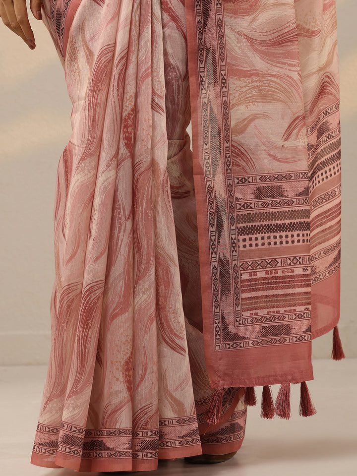 Peach Printed Silk Blend Saree With Unstitched Blouse Piece