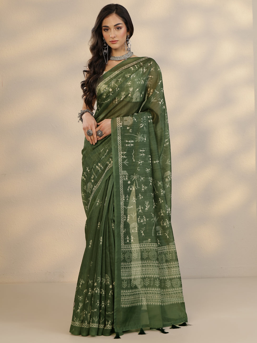 Green Printed Silk Blend Saree With Unstitched Blouse Piece