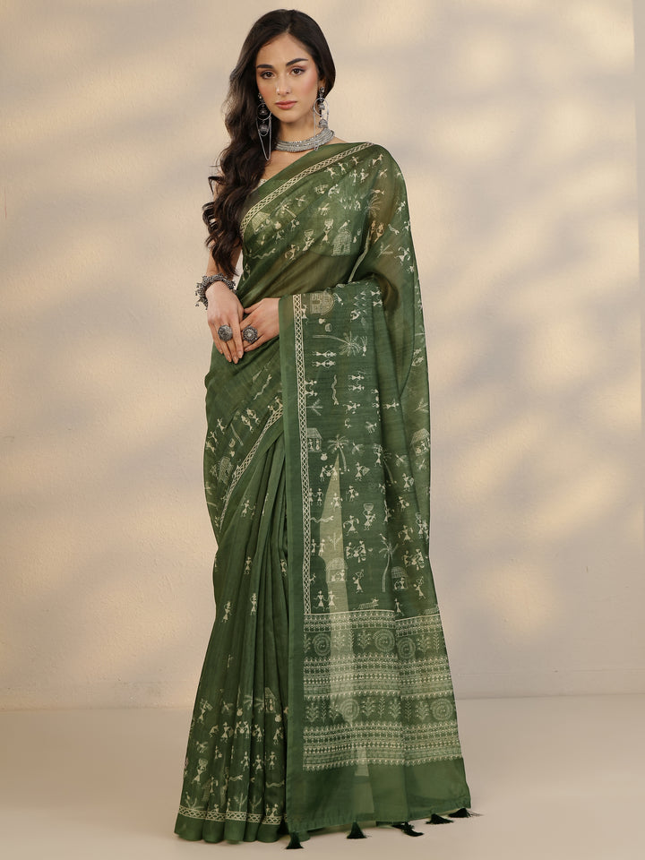 Green Printed Silk Blend Saree With Unstitched Blouse Piece