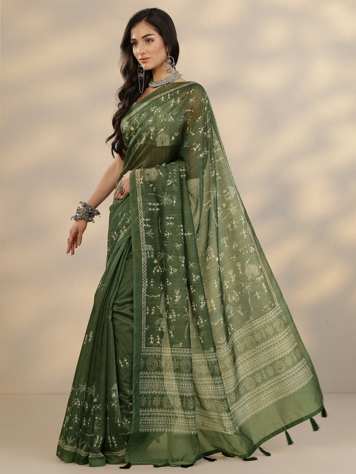 Green Printed Silk Blend Saree With Unstitched Blouse Piece