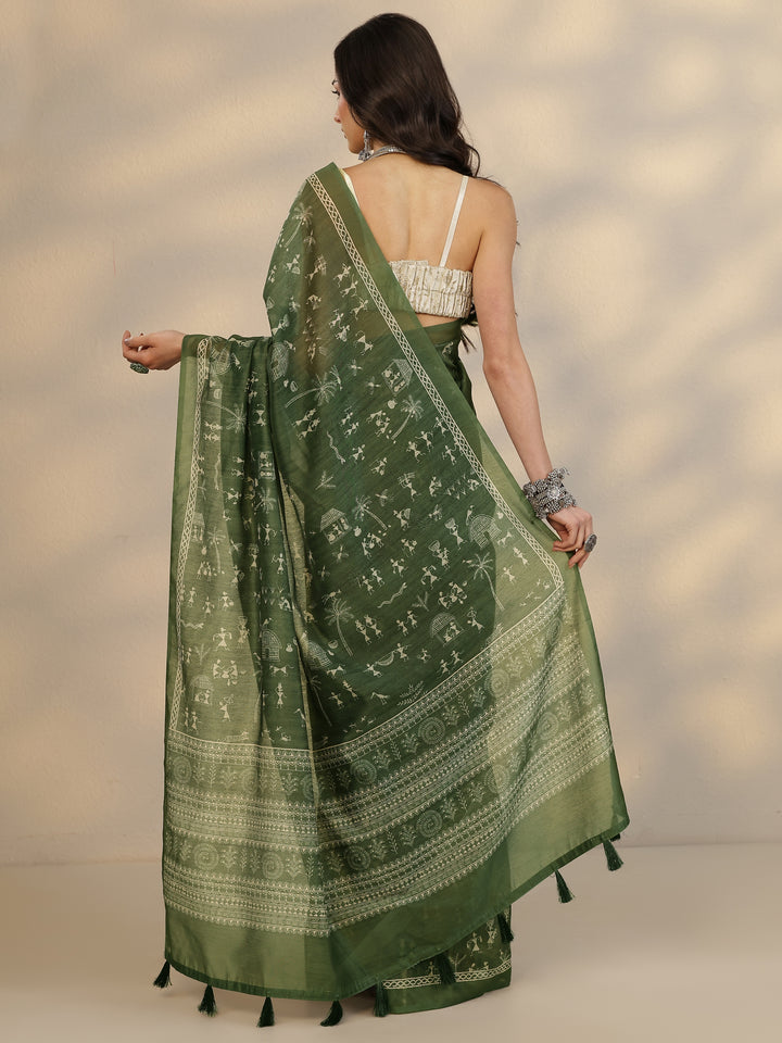 Green Printed Silk Blend Saree With Unstitched Blouse Piece