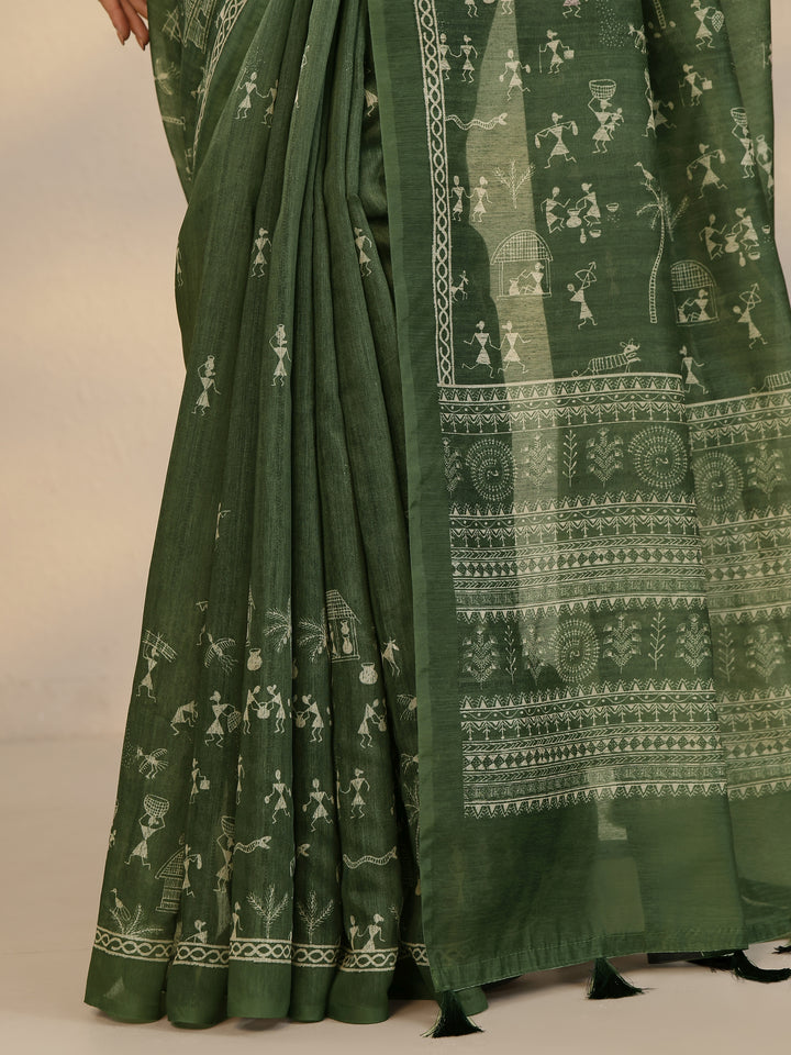 Green Printed Silk Blend Saree With Unstitched Blouse Piece