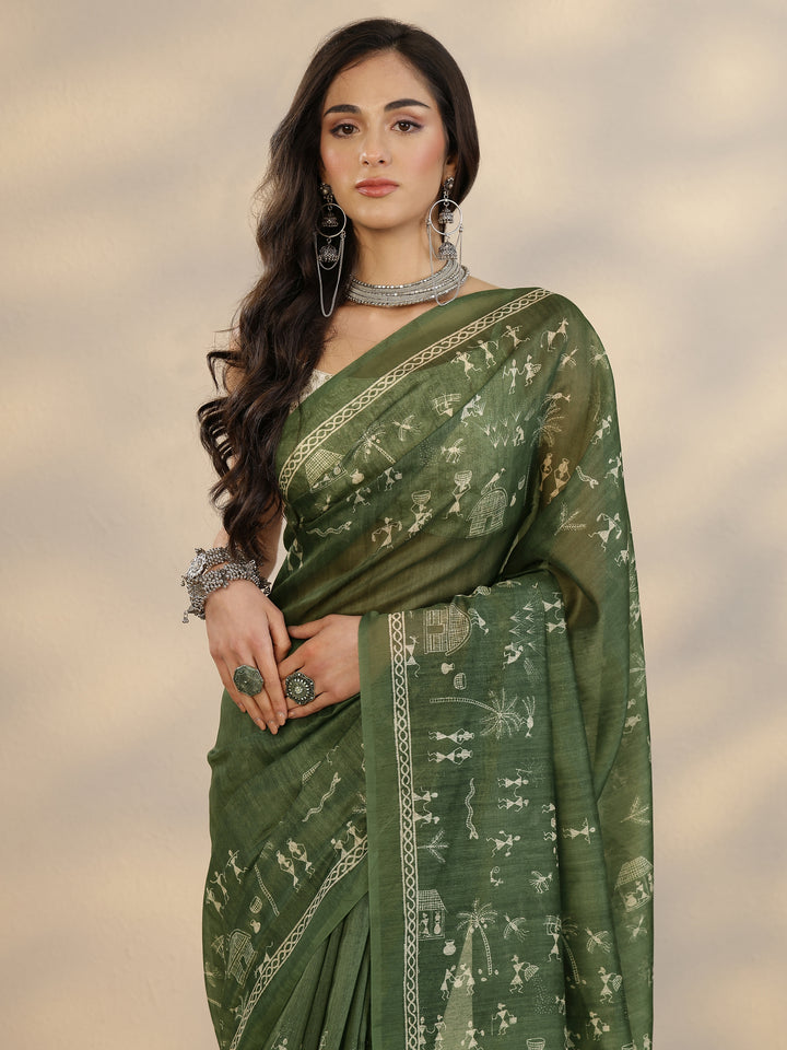 Green Printed Silk Blend Saree With Unstitched Blouse Piece
