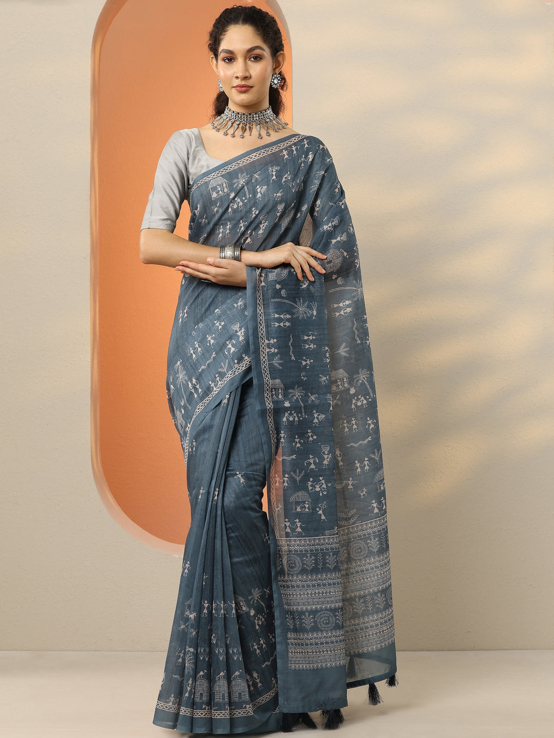Grey Printed Silk Blend Saree With Unstitched Blouse Piece