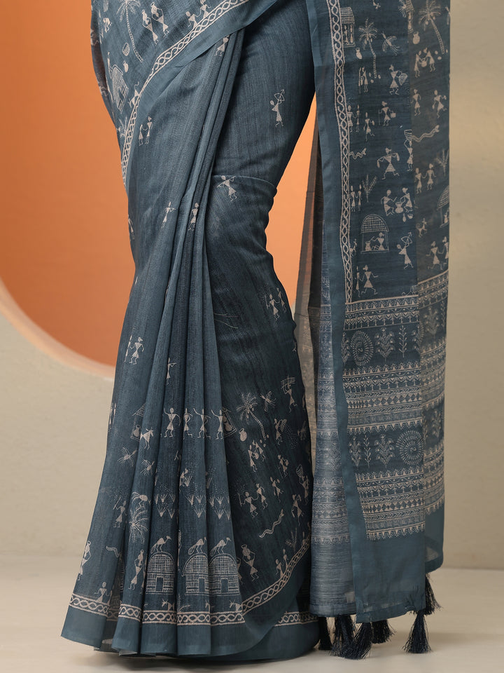 Grey Printed Silk Blend Saree With Unstitched Blouse Piece
