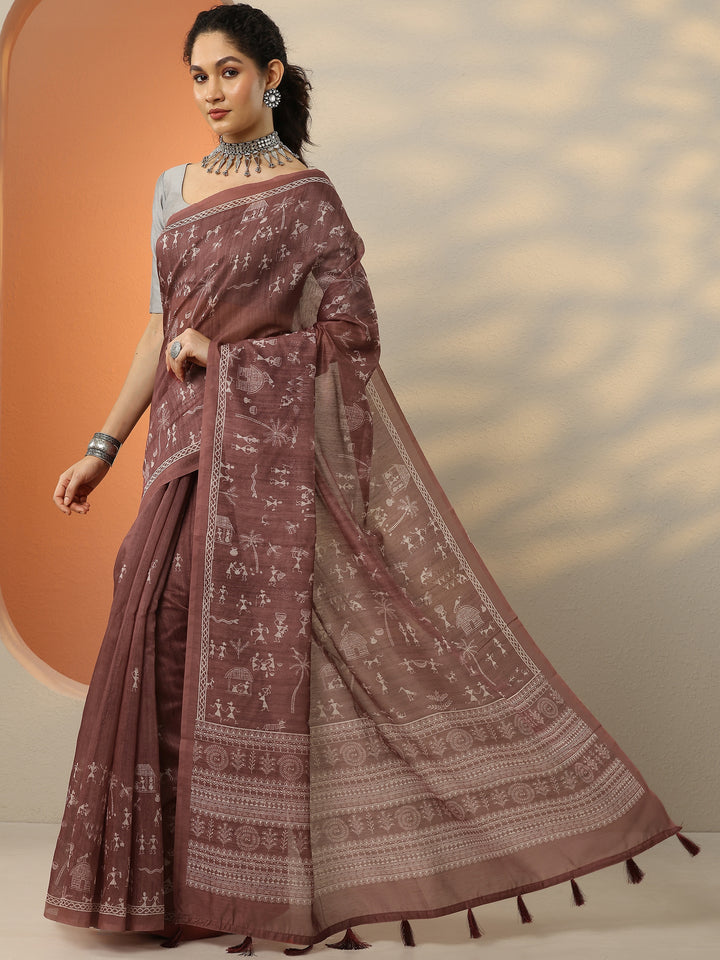 Brown Printed Silk Blend Saree With Unstitched Blouse Picece