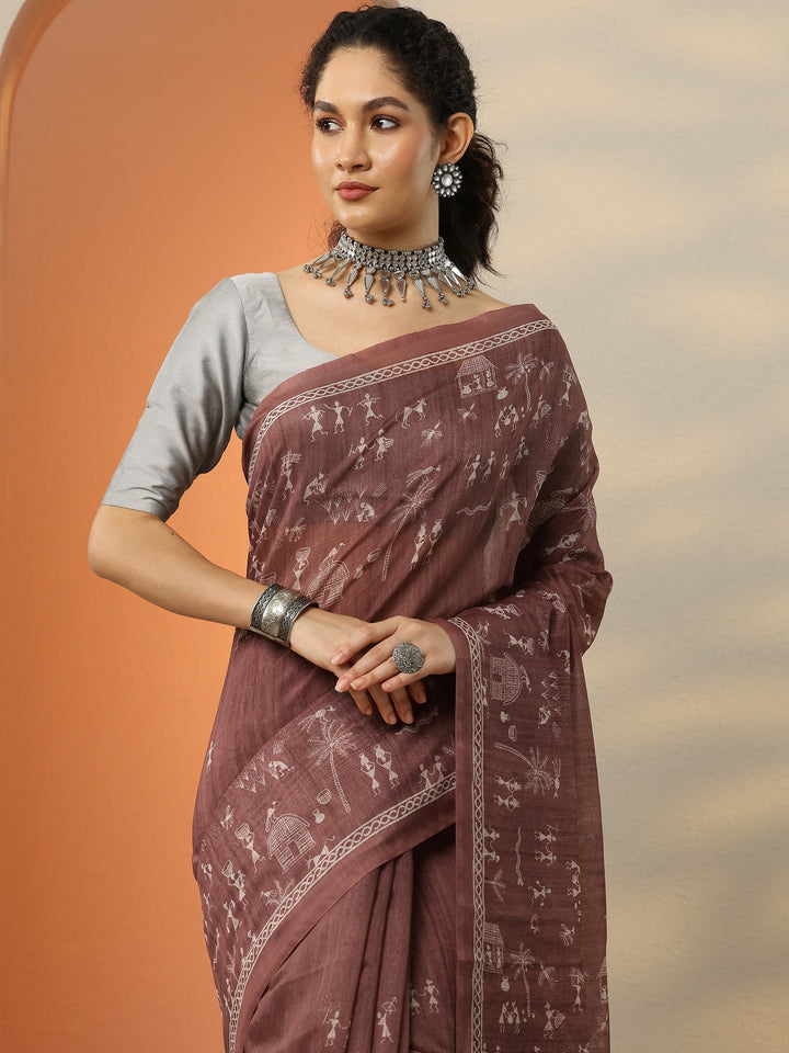 Brown Printed Silk Blend Saree With Unstitched Blouse Picece