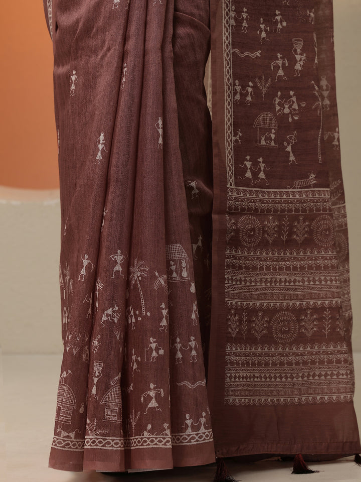 Brown Printed Silk Blend Saree With Unstitched Blouse Picece