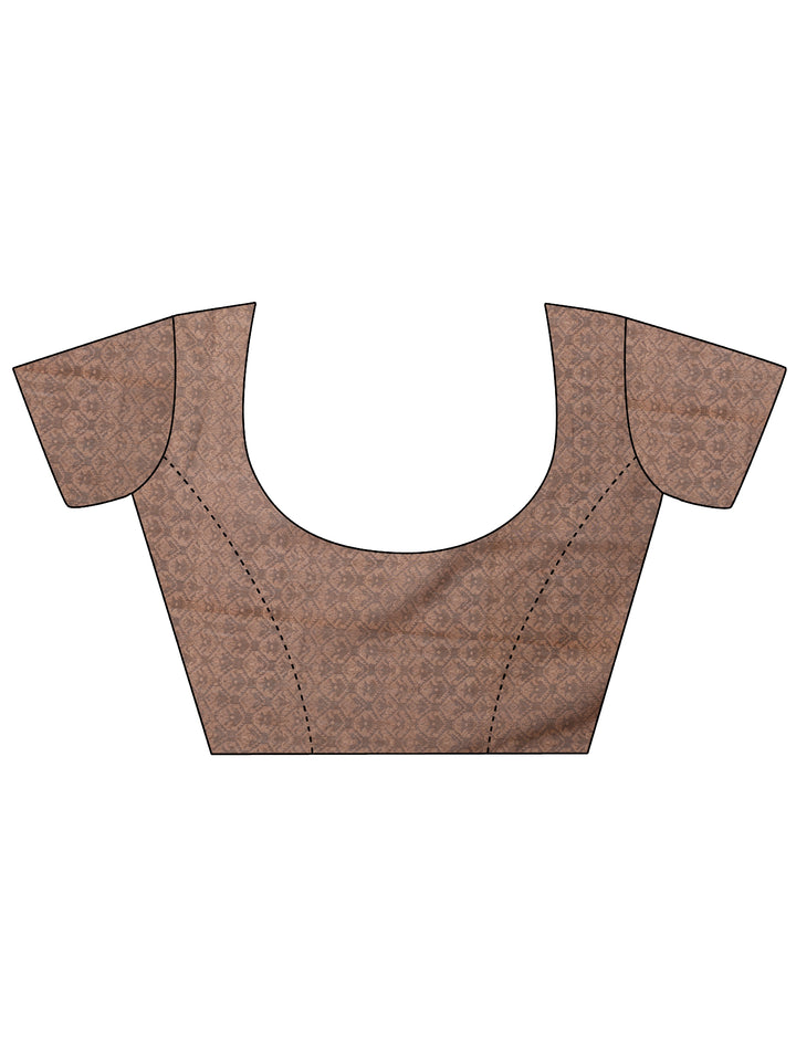 Brown Printed Silk Blend Saree With Unstitched Blouse Piece