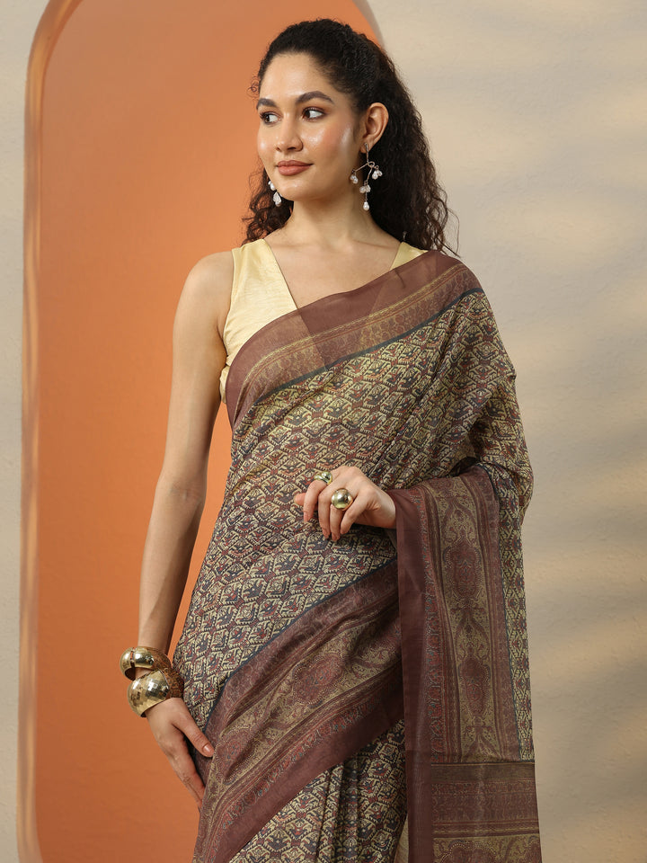 Brown Printed Silk Blend Saree With Unstitched Blouse Piece