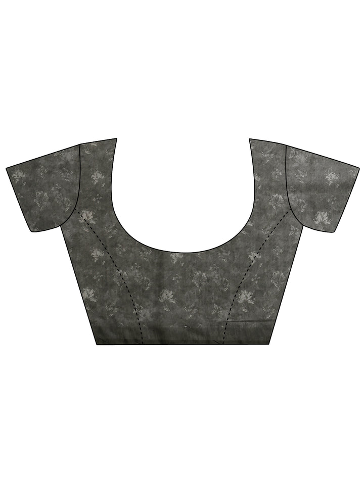 Grey Printed Silk Blend Saree With Unstitched Blouse Piece