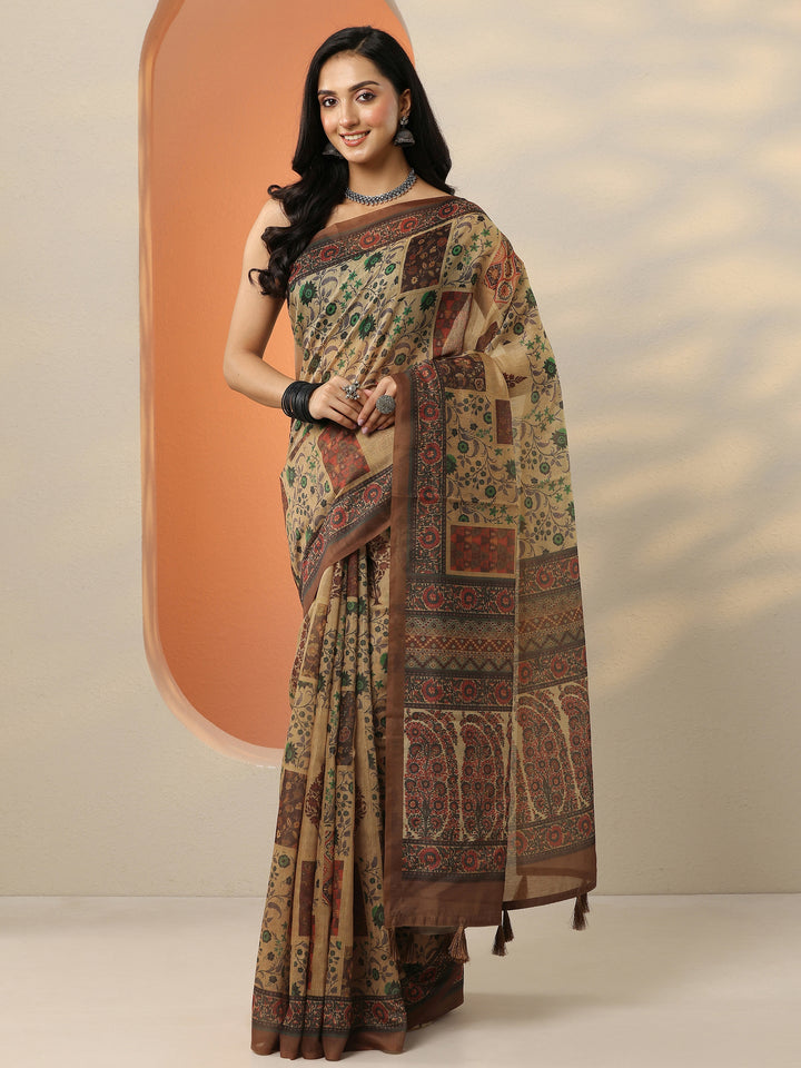 Brown Printed Silk Blend Saree With Unstitched Blouse Piece