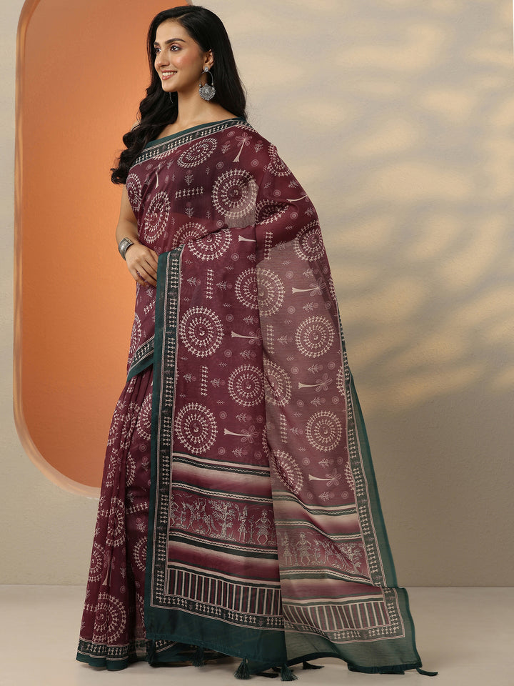 Maroon Printed Silk Blend Saree With Unstitched Blouse Picece
