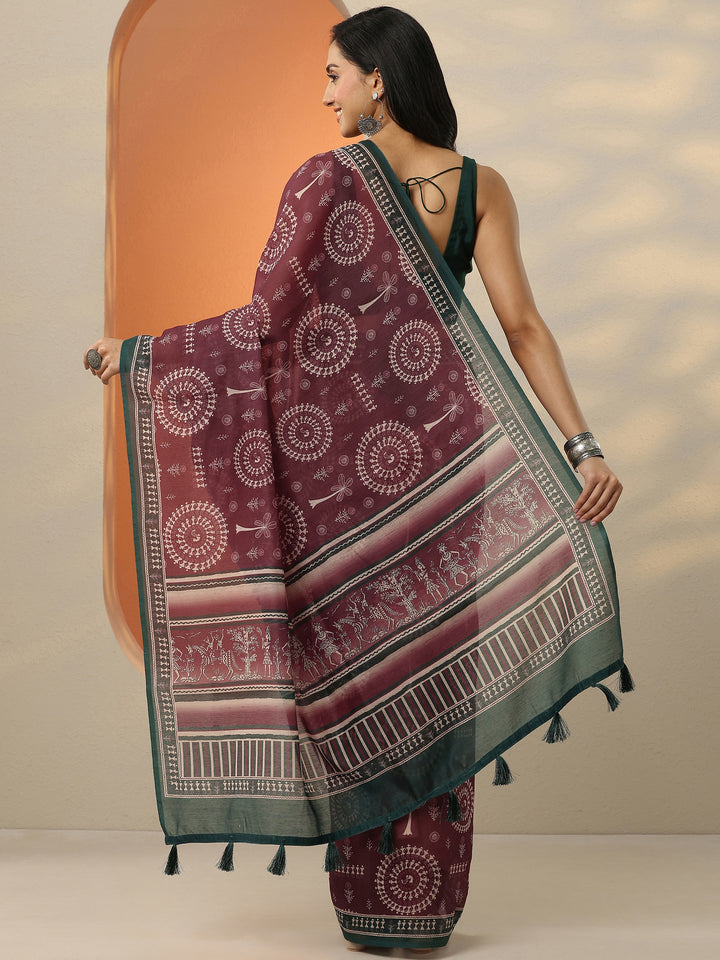 Maroon Printed Silk Blend Saree With Unstitched Blouse Picece
