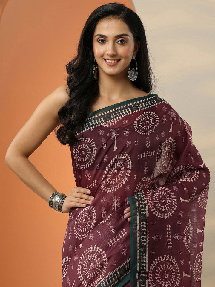 Maroon Printed Silk Blend Saree With Unstitched Blouse Picece